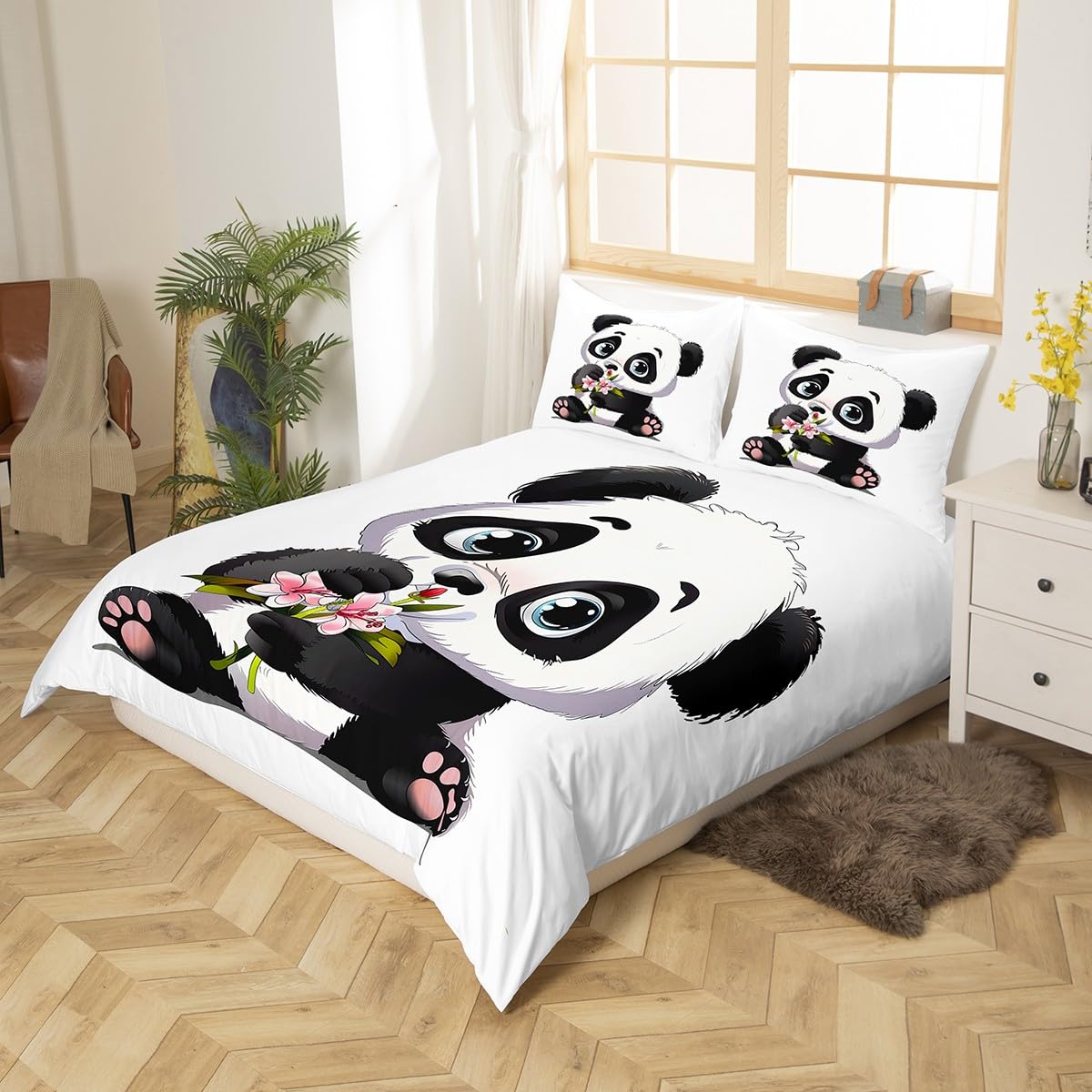 Feelyou Panda Bedding Set for Boys Girls Full Size Cute Giant Panda Duvet Cover Set Kids Toddler Cartoon Animal Pattern Comforter Cover with 2 Pillowcases