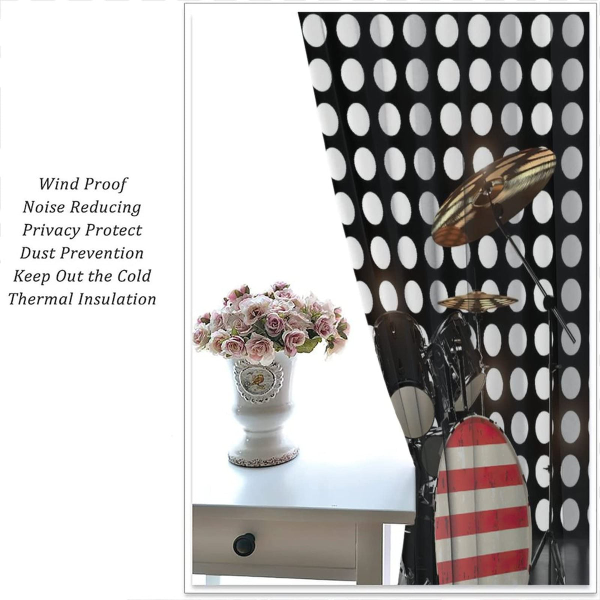 Music Curtains,Rock Roll Musical Instruments American Flag Drum Set Stage Theme Room Darkening Door Window Rod Pocket Curtain for Living Room Teens Boys Bedroom W42xL45in