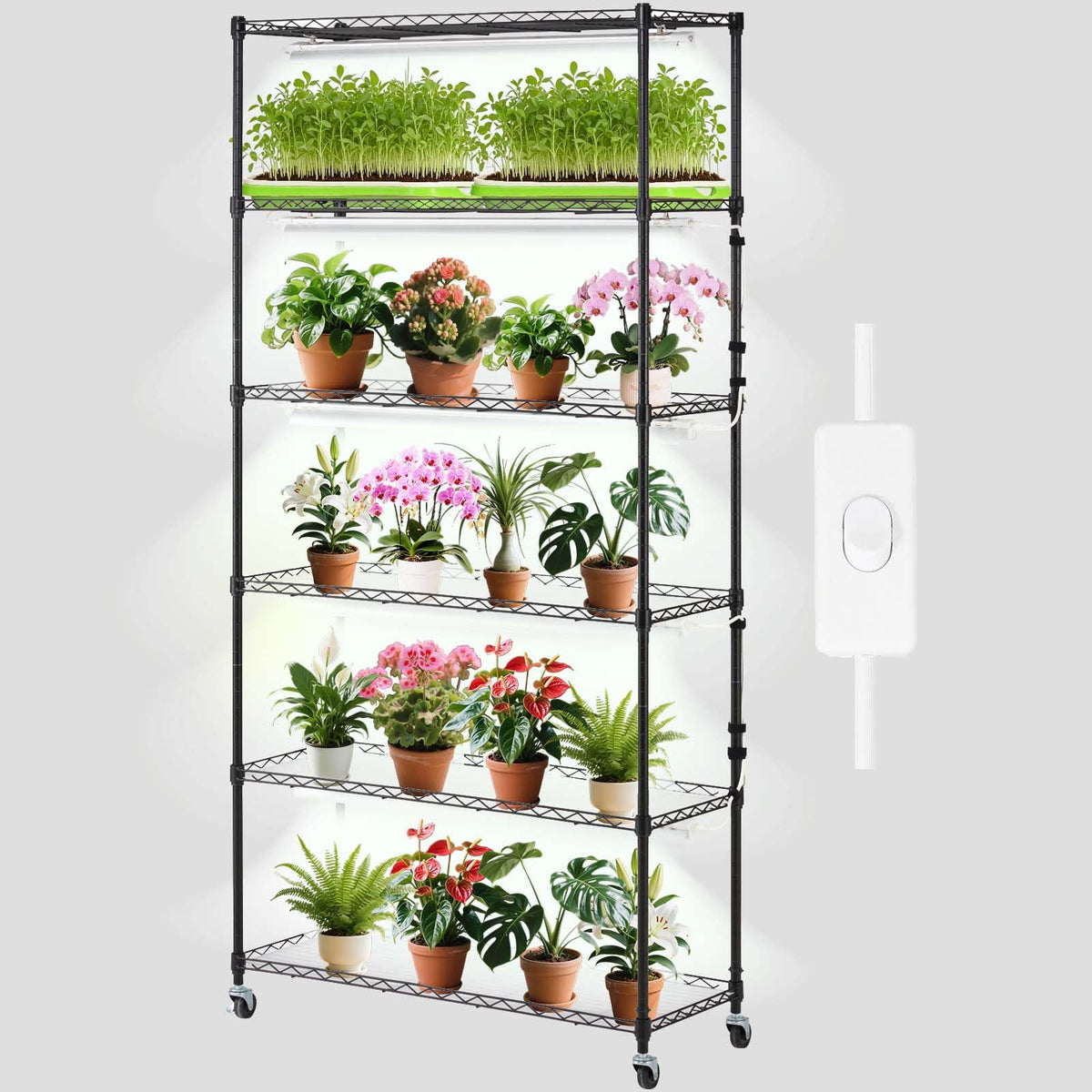 VEVOR DIY Plant Stand with Grow Light, 6-Tier Large Tall Plant Shelf with 192W 5000K Full Spectrum Grow Lights, Indoor Grow Light Shelf with Wheels for Seed Starting 29.5" L x 13.8" W x 70.9" H