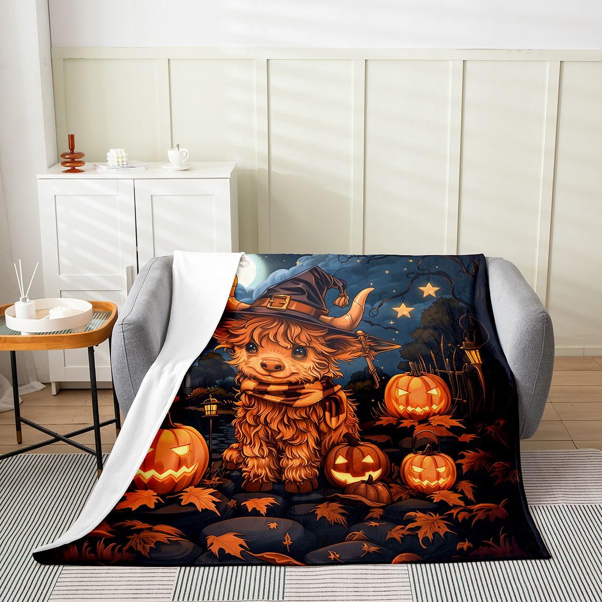 Feelyou Highland Cow Fleece Throw Blanket Halloween Themed Flannel Blanket Plush Fuzzy Spooky Pumpkin for Bed Couch Chair Living Room Trick or Treat 40"x50" Cute Bedroom Decor