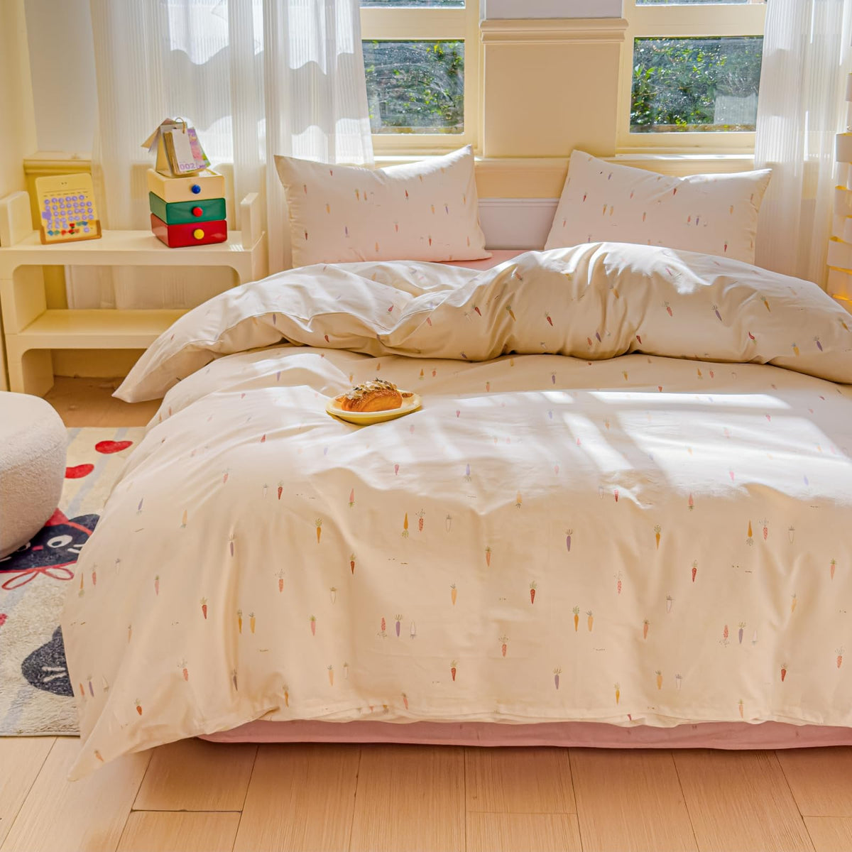 LIWHENHAO Duvet Cover Set Twin 100% Cotton Bedding Cartoon Cute Colorful Carrot Print on Cream White 1 Farmhouse Style Beige Comforter Cover Zipper Closure 2 Pillowcases for Kids Girls Boys