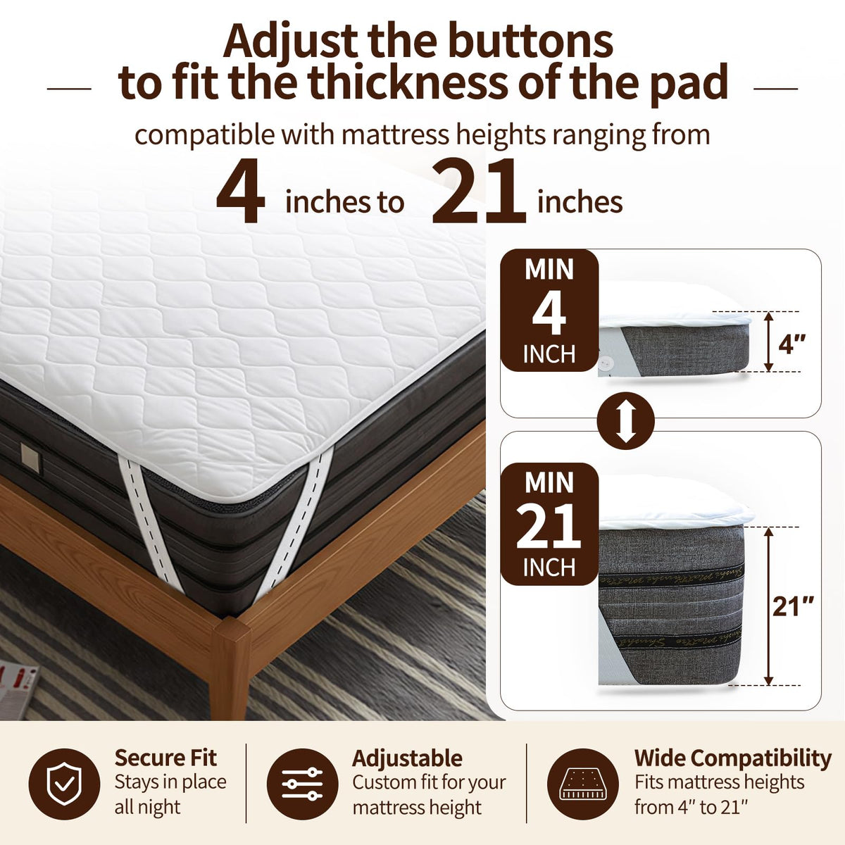 Florith Waterproof Mattress Protector Queen Size 60"x80"– Incontinence Bed Pad with TPU Backing, Adjustable Straps Fits 4-21" Deep Mattresses, Soft Quilted & Machine Washable, Breathable & Non-Slip