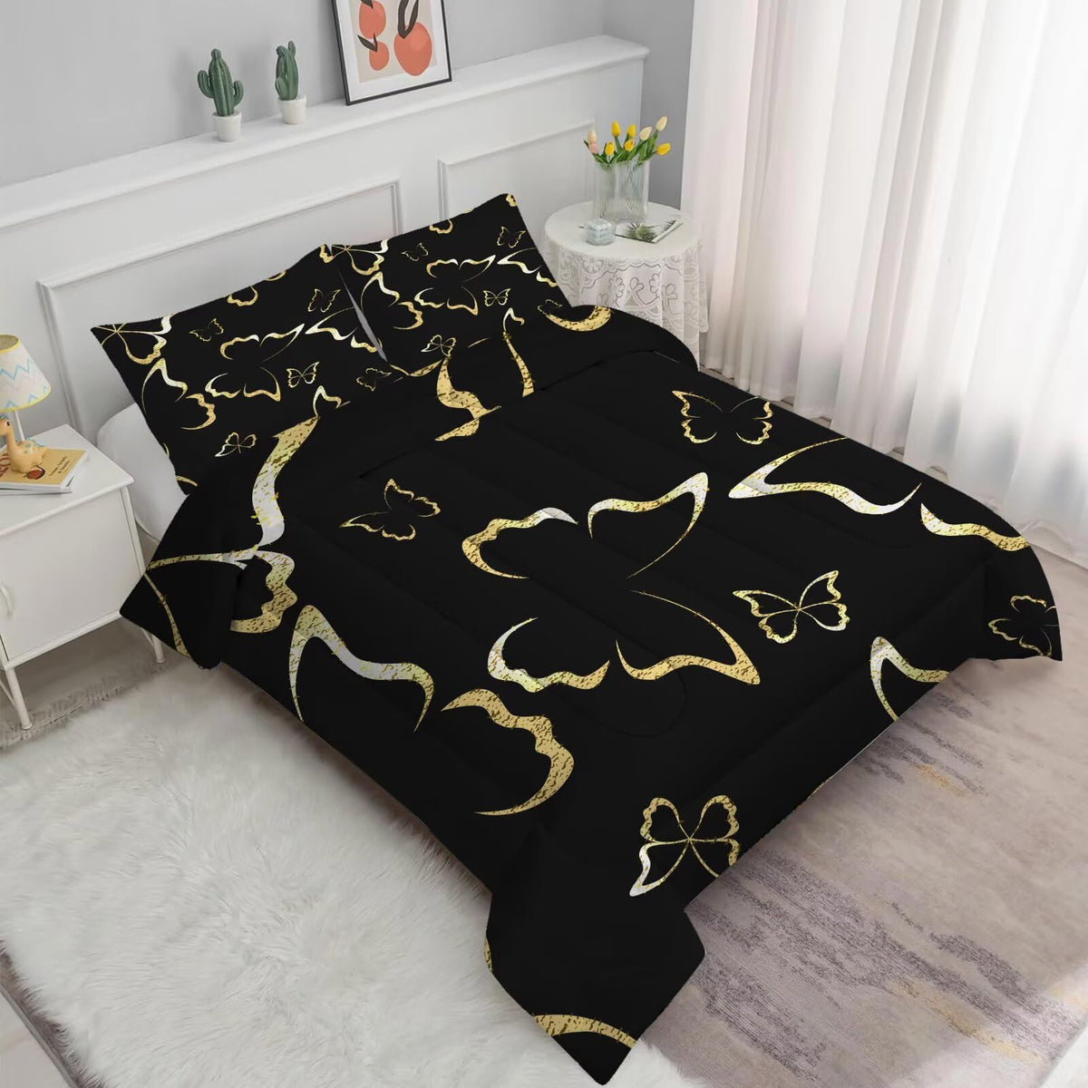 DAZYFA Black and Gold Butterfly Comforter Set Full/Queen Size Luxury Bedding for Boys Girls Men Women Adults Modern Bedroom Decor Bet Set, 1 Comforter 2 Pillowcases