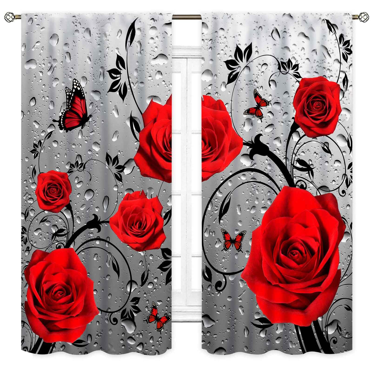 Red Rose Floral Curtains, Modern Abstract Romantic Flower Valentine's Day Romance Raindrops Gray Window Drapery Treatments for Woman Girls Bedroom Living Room Apartment Bathroom 2 Panels, 42"x45" Inch