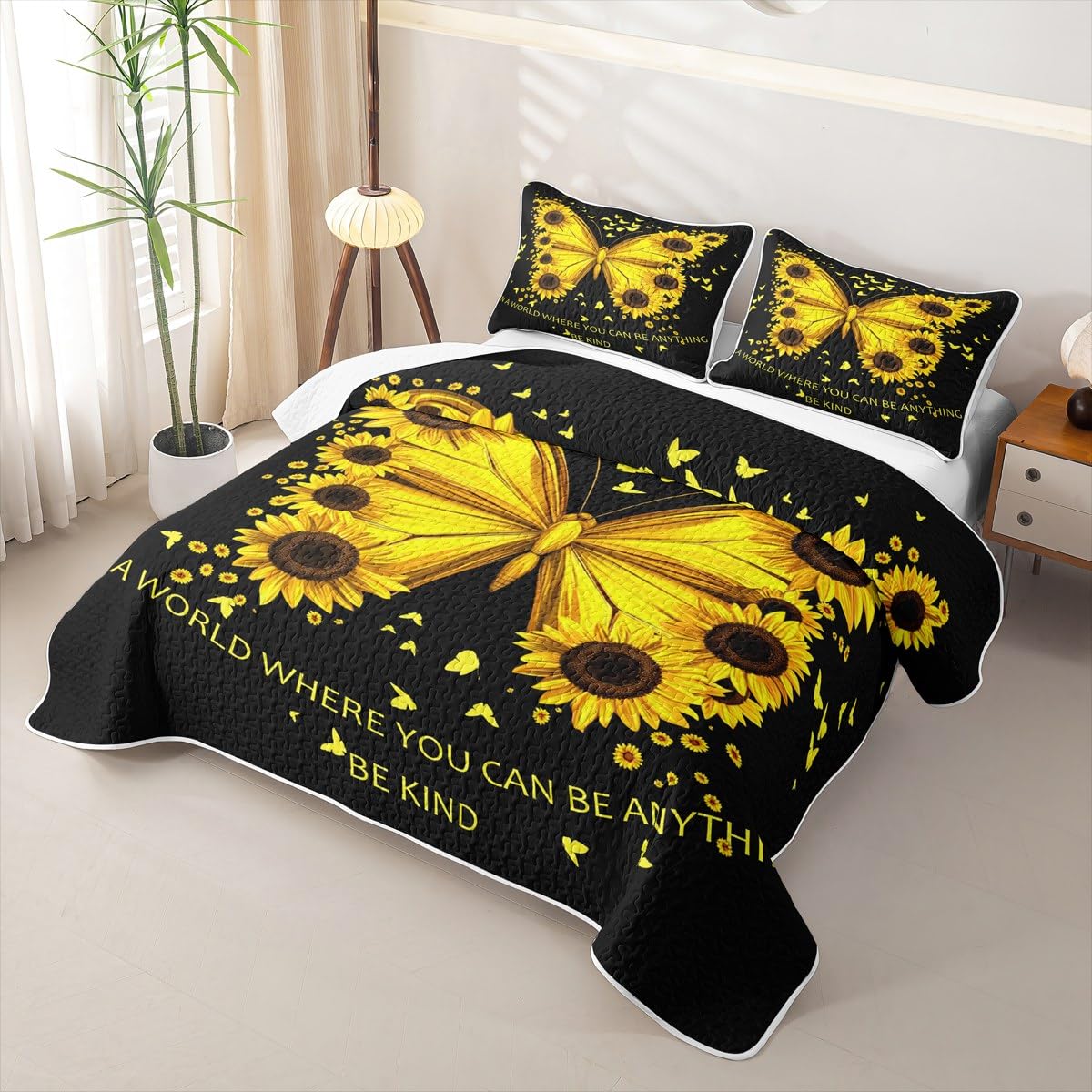 Erosebridal Girl Sunflower Quilt Set Women Butterfly Quilt Queen Blossom Floral Quilted Bedspread Rustic Farmhouse Bedding Coverlet with 2 Pillowcases