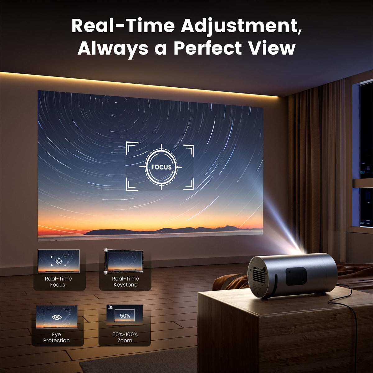 Smart Portable Projector with WiFi and Bluetooth, USB-C Powered, Mini Projector Built-in Apps & Android 14 OS, 1080P FHD HDR10, TOF Real-Time Auto Focus/Keystone, YQHS Outdoor Movie Projector