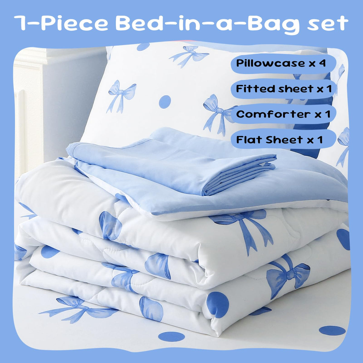 Wajade 7 Piece Blue Bow Comforter Set for Girls Kids Queen Size Bedding Set with Sheet and 2 Pillowcases 2 Pillow Shams Cute Girls Bed in a Bag as Birthday Choice