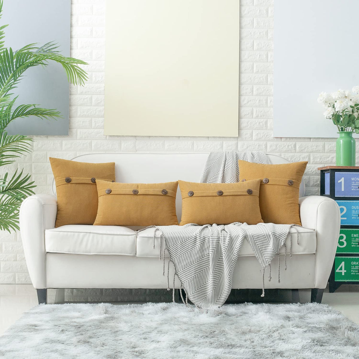 HWY 50 Mustard Yellow Chenille Throw Pillow Covers 16x16 Inch with Triple Buttons, Soft Farmhouse Accent Decorative Cushion Cases for Couch Sofa Bed Living Room Pack of 2