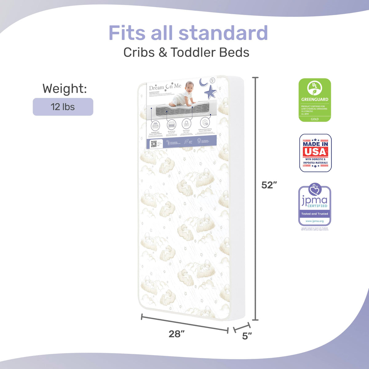 Dream On Me Twilight 5” 2-in-1 Breathable Spring Coil Crib & Toddler Mattress – Firm Infant Side & Plush Toddler Side, Reversible Design, Waterproof Vinyl Cover, GREENGUARD Gold & BSA Certified