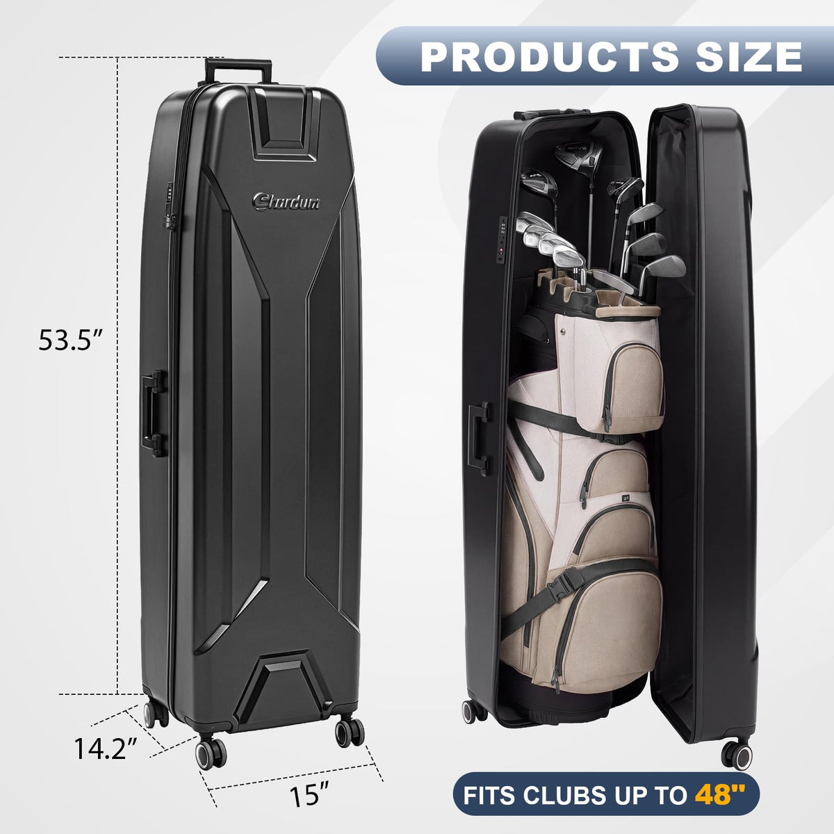 Hard Shell Golf Travel Case with TSA Lock, Heavy Duty ABS Golf Travel Bag Cover, Removable 360° Multi Directional Wheels, Fits 48" Club Bags, Impact Resistant Protective Solid Travel Case
