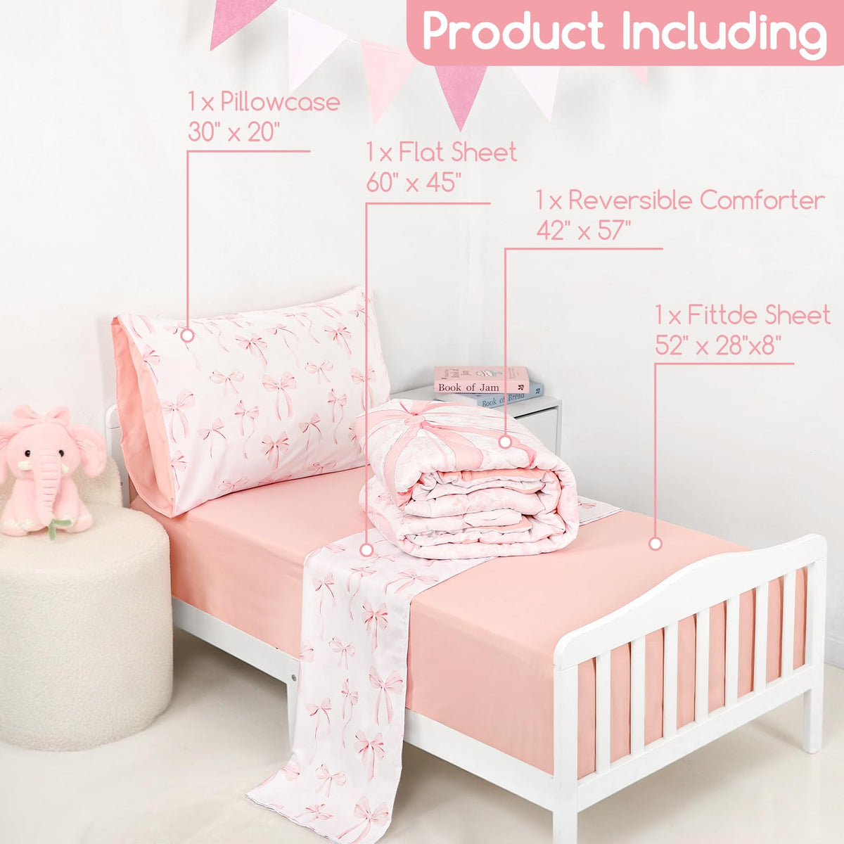 DAYEEBALL 4 Piece Toddler Bedding Set, Ultra Soft and Breathable Toddler Comforter Sets for GirlsIncludes Quilted Comforter, Fitted Sheet, Flat Sheet and Pillowcase, Pink Bow