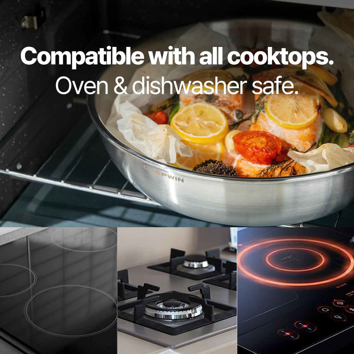 CHEFWIN 10.2-Inch 316 Stainless Steel Frying Pan, 5-Ply Saute pan, Deep Skillet, Induction Cookware, Dishwasher Safe & Oven Safe, Professional Cookware