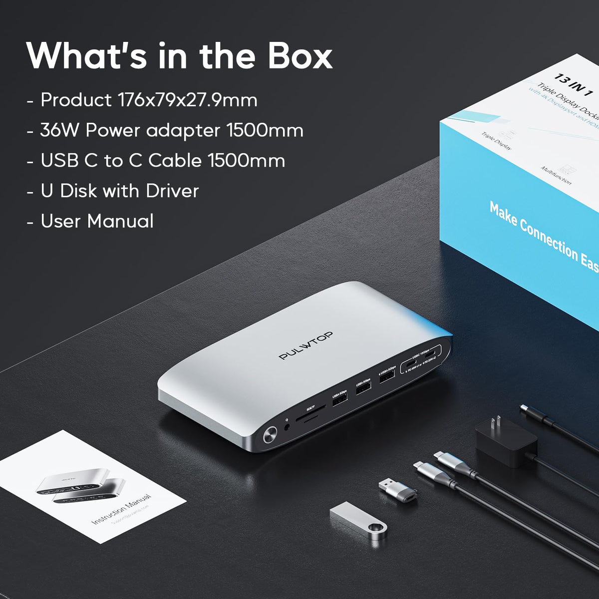 PULWTOP Displaylink Docking Station, Triple Display DisplayLink Dock for MacBook M1/M2/M3 Windows, 4K@60Hz Laptop Docking Station with 2 HDMI, 2 Display Port, PD, USB C Data, 4 USBA, Ethernet, Audio