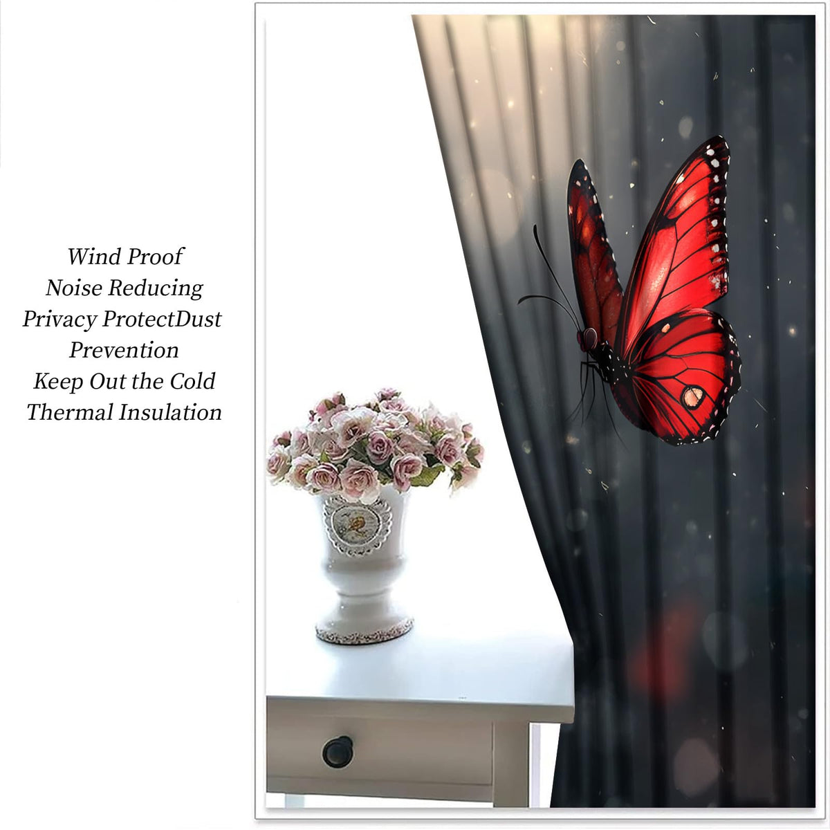 JAXIUOF Red Flowers Curtains 84 Inch Long 2 Panels Butterfly Rose Plants Blackout Curtains, Romantic Floral 3D Printed Drapes, Grommet Top Window Treatments for Bedroom Office Kitchen
