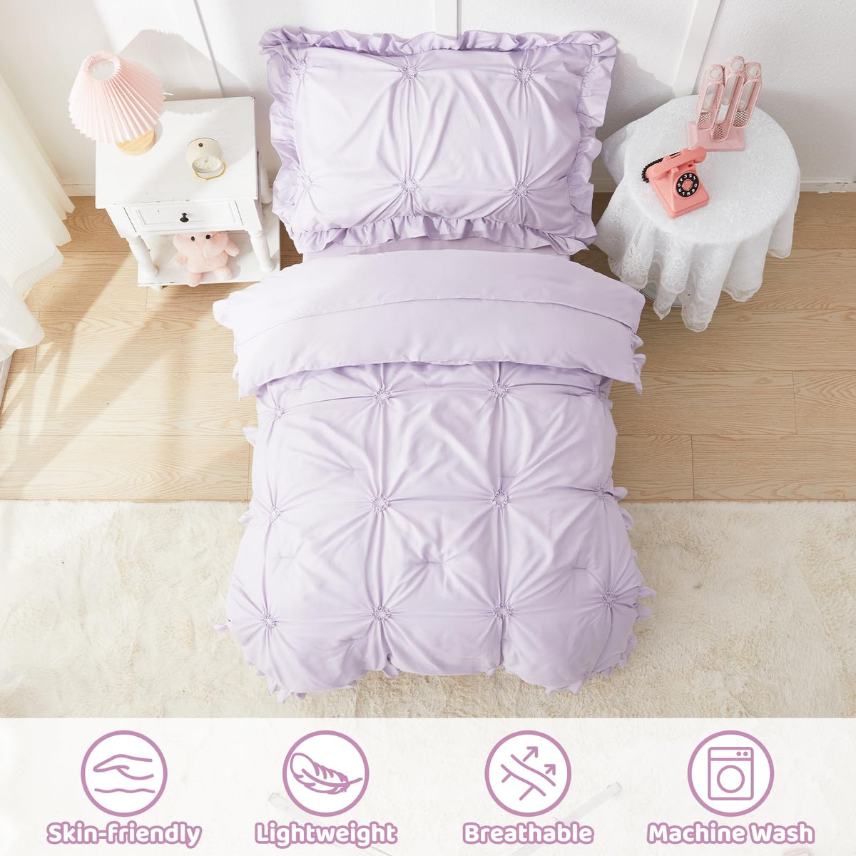 Wowelife Princess Toddler Bedding Set for Girls, 4 Piece Ruffles Jacquard Embroidery Toddler Bed Sheets with Boho Toddler Comforter, Fitted Sheet, Flat Sheet and Pillowcase, Purple
