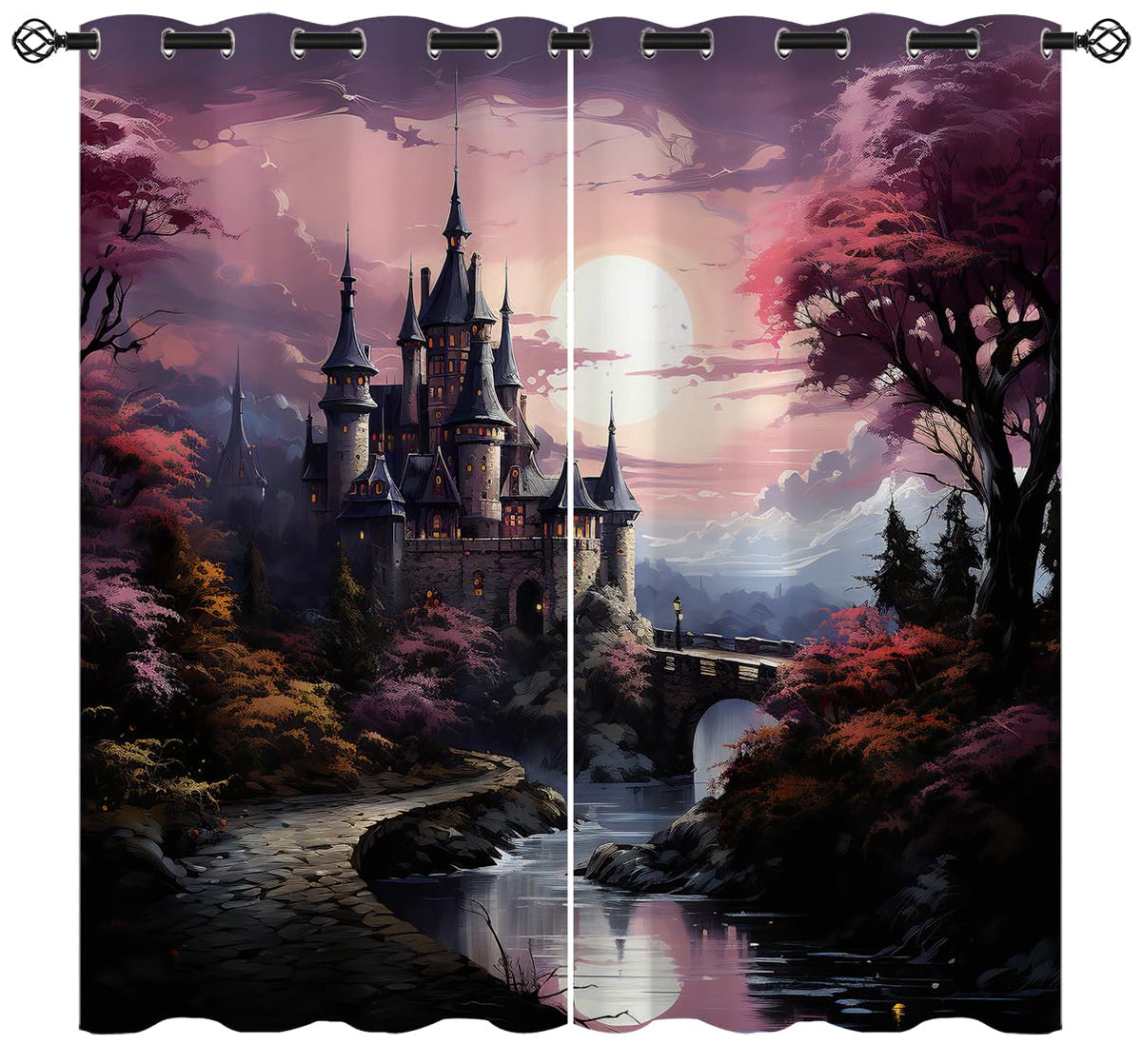 ONINUO Castle Blackout Curtains for Girls Boy Home Decor, Mystical Fantasy Forest Fairy Tale Woods Grommet Thermal Insulated Drapes Darkening Window Curtain for Bedroom Living Room, 42 x 45 Inch