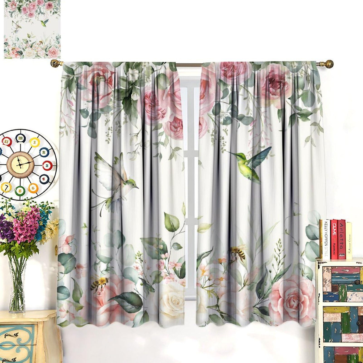 PHTAYOT Pink Burgundy Rose Curtains, Rose Floral Green Leaves Plant Spring Blossom Bird for Room Window Decor, Rod Pocket Print Drapes for Living Room Bedroom Kitchen 2 Panel Set 20.5" W X 45" L