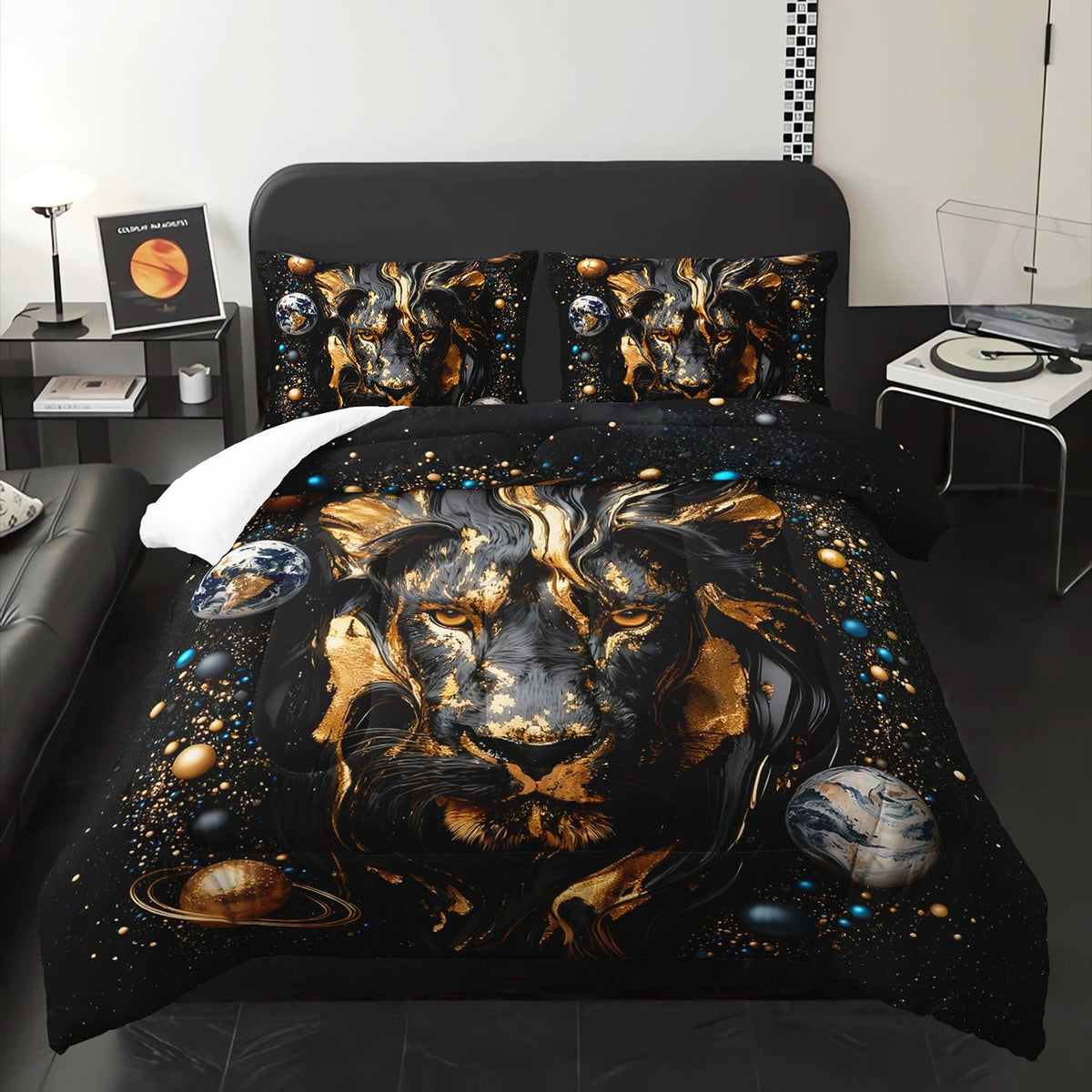XYNHML 3D Black Golden Lion Theme Comforter 3Pcs Twin Outer Space Planet Earth Bedding Set for Kid Teen Girl Boy Adult Tropical African Wildlife Lion Quilt Bed Decor with 1 Comforter & 2 Pillowcases