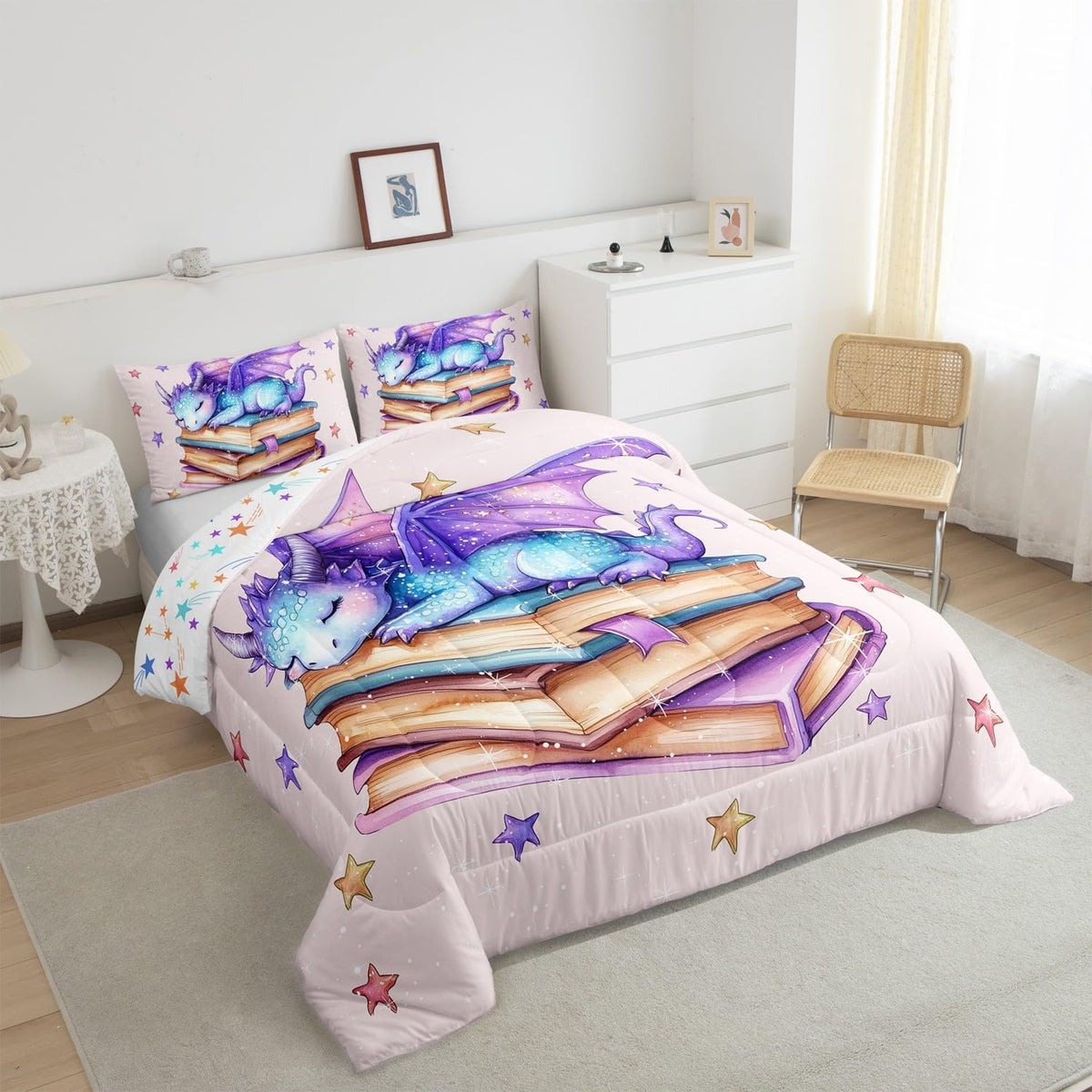 Castle Fairy Blue Purple Dragon Comforter Toddler,Dreamy Cartoon Starry Sky Quilt Comforter with 1 Pillowcase,3D Dragon Wildlife Glittering Stars Pattern Bedding Set Comfortable,Soft and Breathable