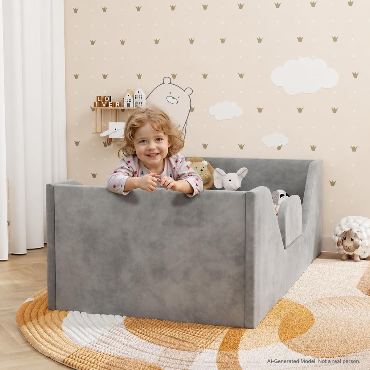 SOFTLYNICE Toddler Bed, Toddler Floor Bed Frame with Guard Rails, Small Bed for Kids Boys and Girls Aged 2-6 Years, Standard Crib Mattress Toddler Beds, Certified Fabric Toddler Beds(Big Gray)
