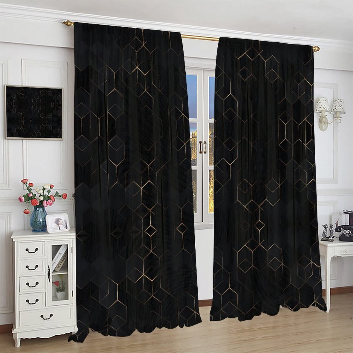 Luxury Abstract Blackout Curtains,Black Golden Light Lines Geometric Texture Illustration Blackout Window Door Curtains for Living Room Bedroom Decor W42xL45in