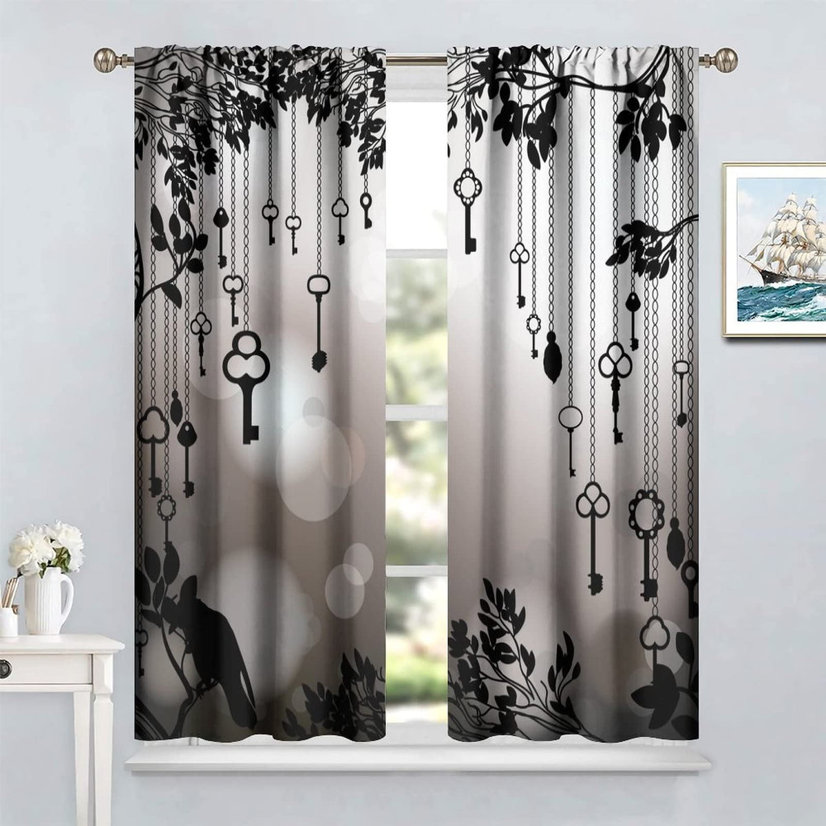 Gothic Crow Curtains, Black Birds Crow Decor Window Treatments for Living Room, Crow Black Dark Wings Thriller Curtain Drapes 2 Panels, 72x63 Inch
