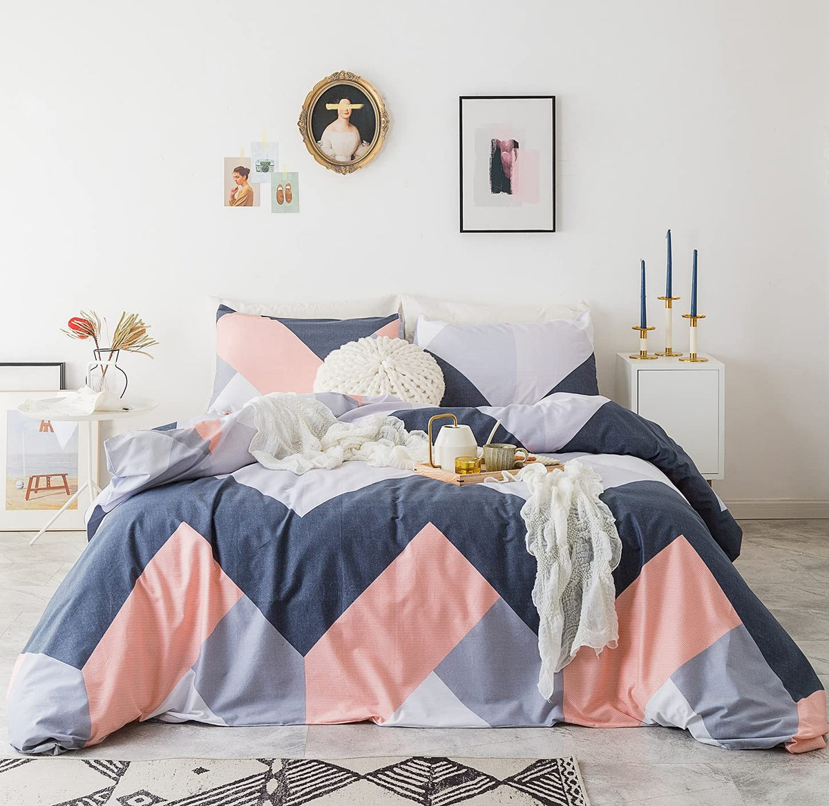 YuHeGuoJi Peach Geometric Duvet Cover Queen 100% Cotton 3 Pcs Set 1 Pink Navy Striped Duvet Cover with Zipper Ties 2 Pillowcases Modern Farmhouse Blue Chevron Patterned Bedding Set Soft