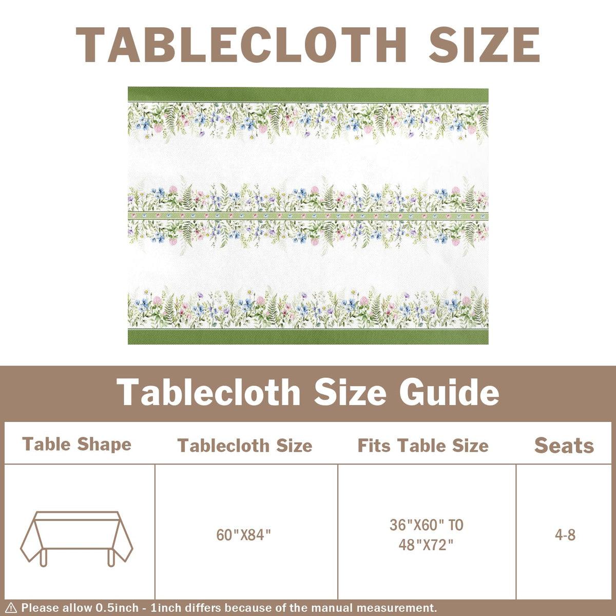 Kwlegh Spring Summer Tablecloth 60x84 Inch Sage Green Wildflower Table Cover Floral Print Reusable Washable Rectangular Tablecloths for Dining Decor Party Picnic Indoor Outdoor