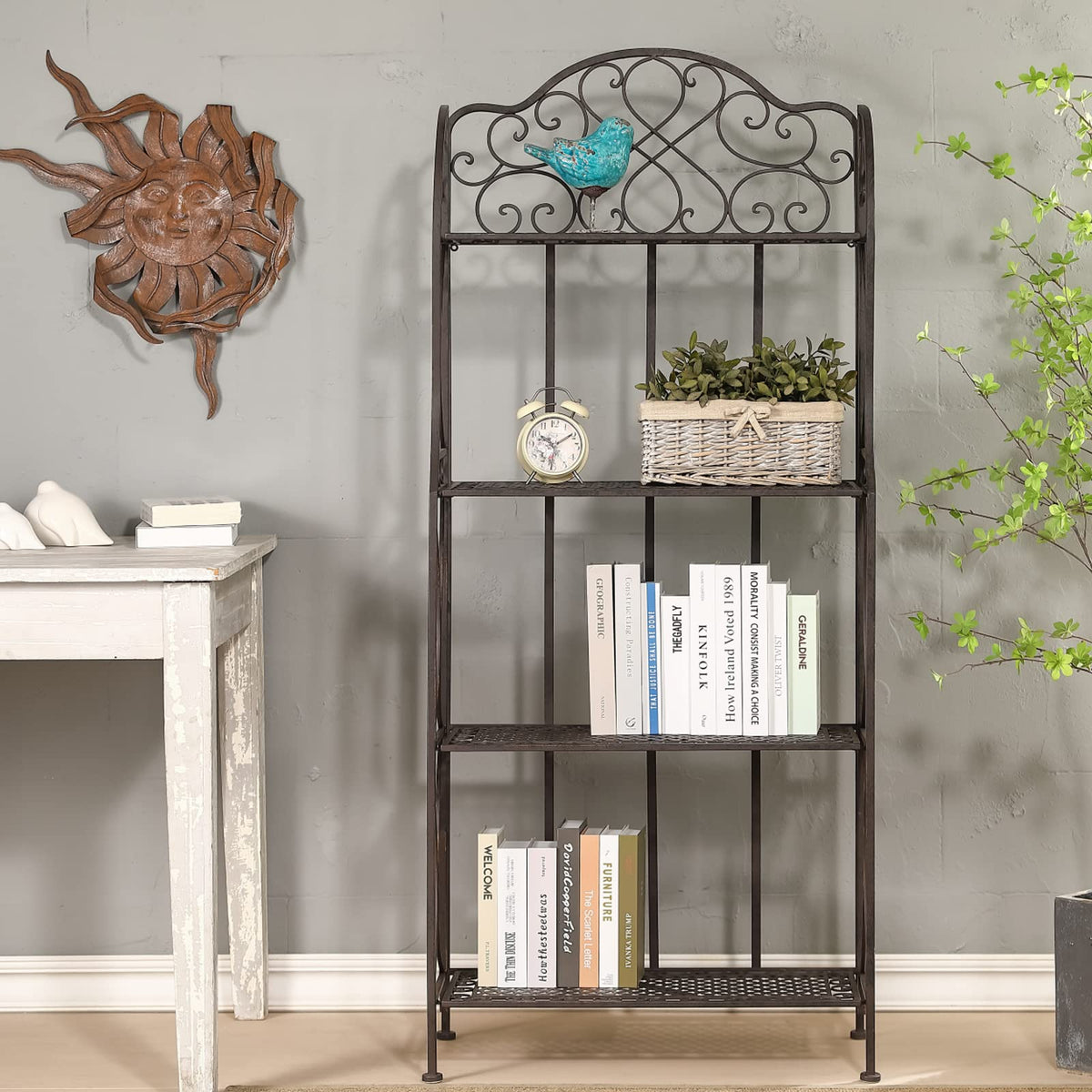 XAONIEN Antique Bronze Four-Tiered Metal Baker's Rack,Free Standing Book Shelves Plants Stand for Kitchen Patio Front Porch Dining Room Living Room,27" X 14" X 65"