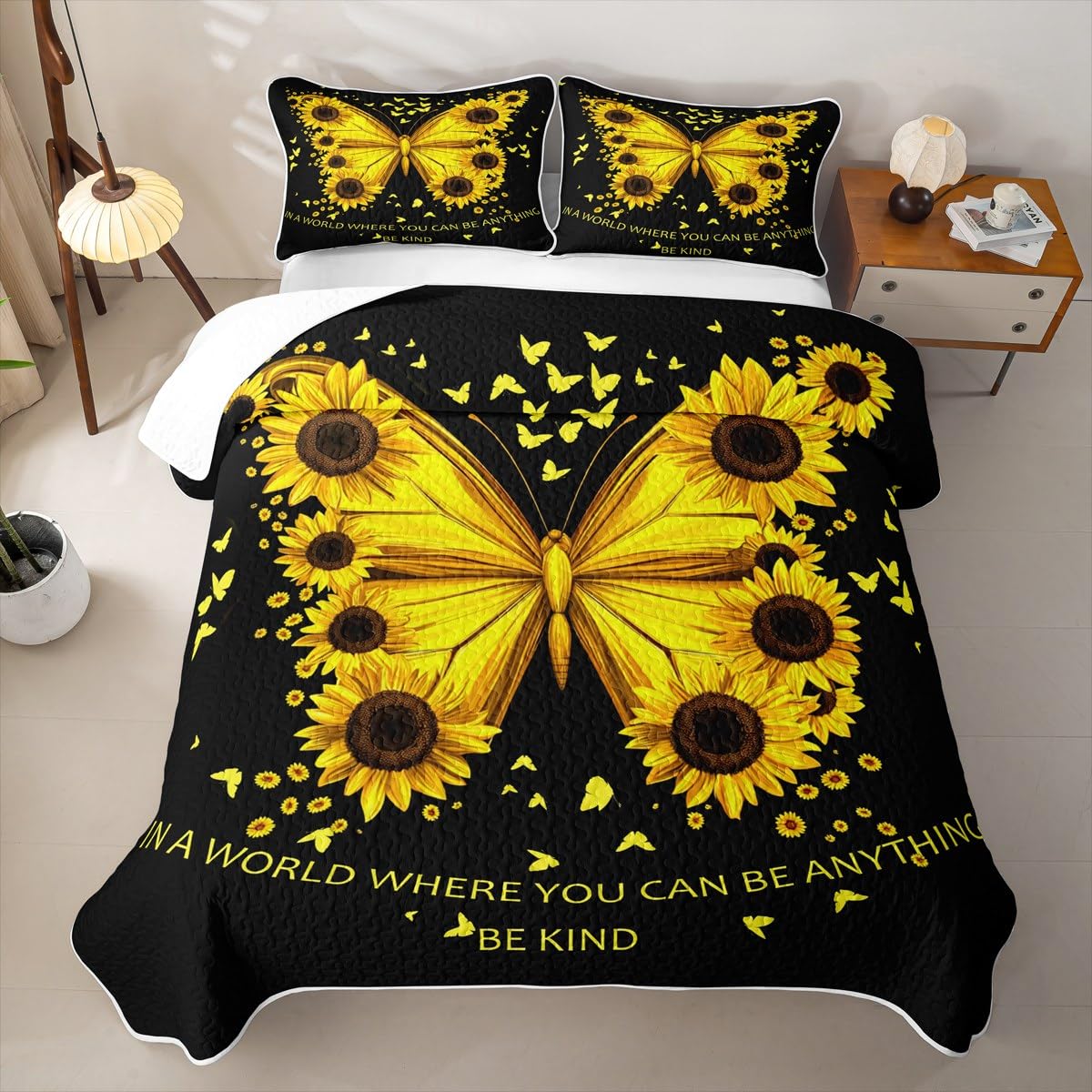 Erosebridal Girl Sunflower Quilt Set Women Butterfly Quilt Queen Blossom Floral Quilted Bedspread Rustic Farmhouse Bedding Coverlet with 2 Pillowcases