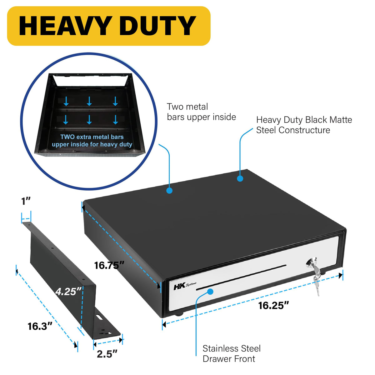 HK SYSTEMS 16" Heavy Duty Black Push Open Cash Drawer, 5B5C with Under Counter Mounting Metal Bracket