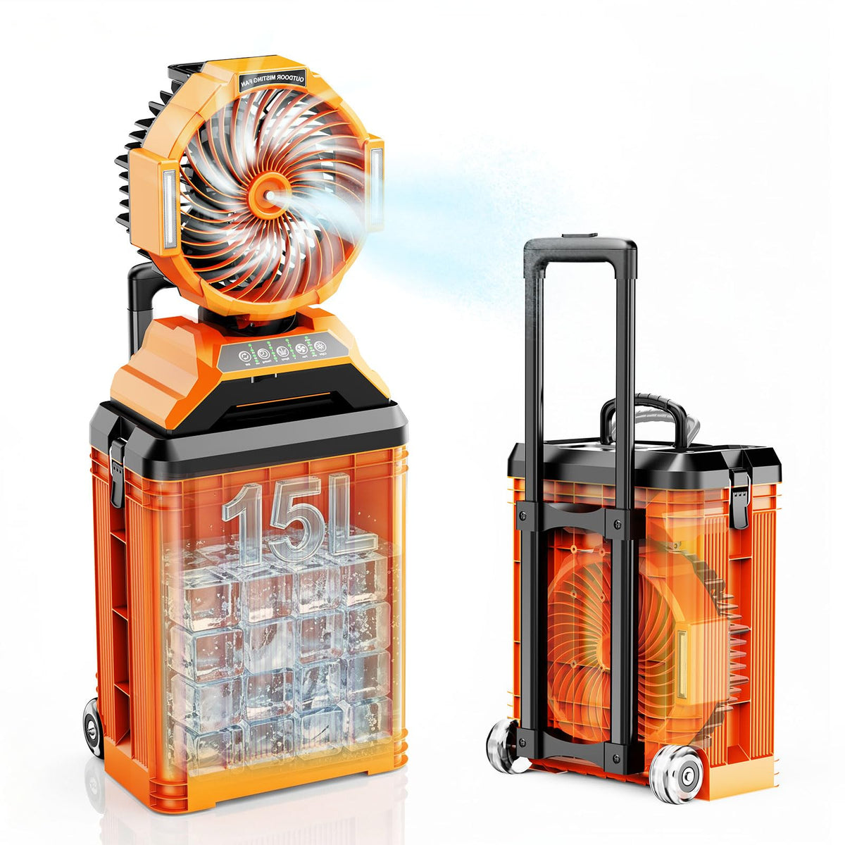 15L Bucket Portable Misting Fan, 30000mAh Rechargeable Battery Powered Oscillating Cooling Fan, 4 Strong Winds, Brushless Motor Outdoor Fans for Fishing/Travel/Garden/Golf/Tent/Office
