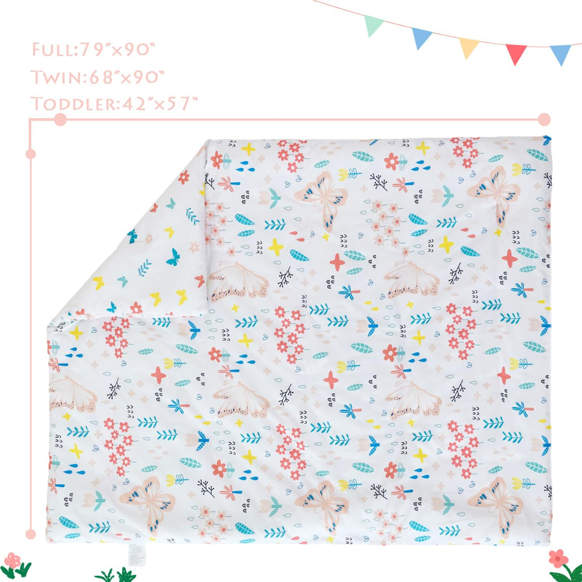 PERFEMET Girls Toddler Bedding Colorful Flower Blossom Comforter Set Butterfly Print Toddler Bedding Sets Ultra Soft Lightweight Bed-in-A-Bag for Toddlers(4 Pieces, White)