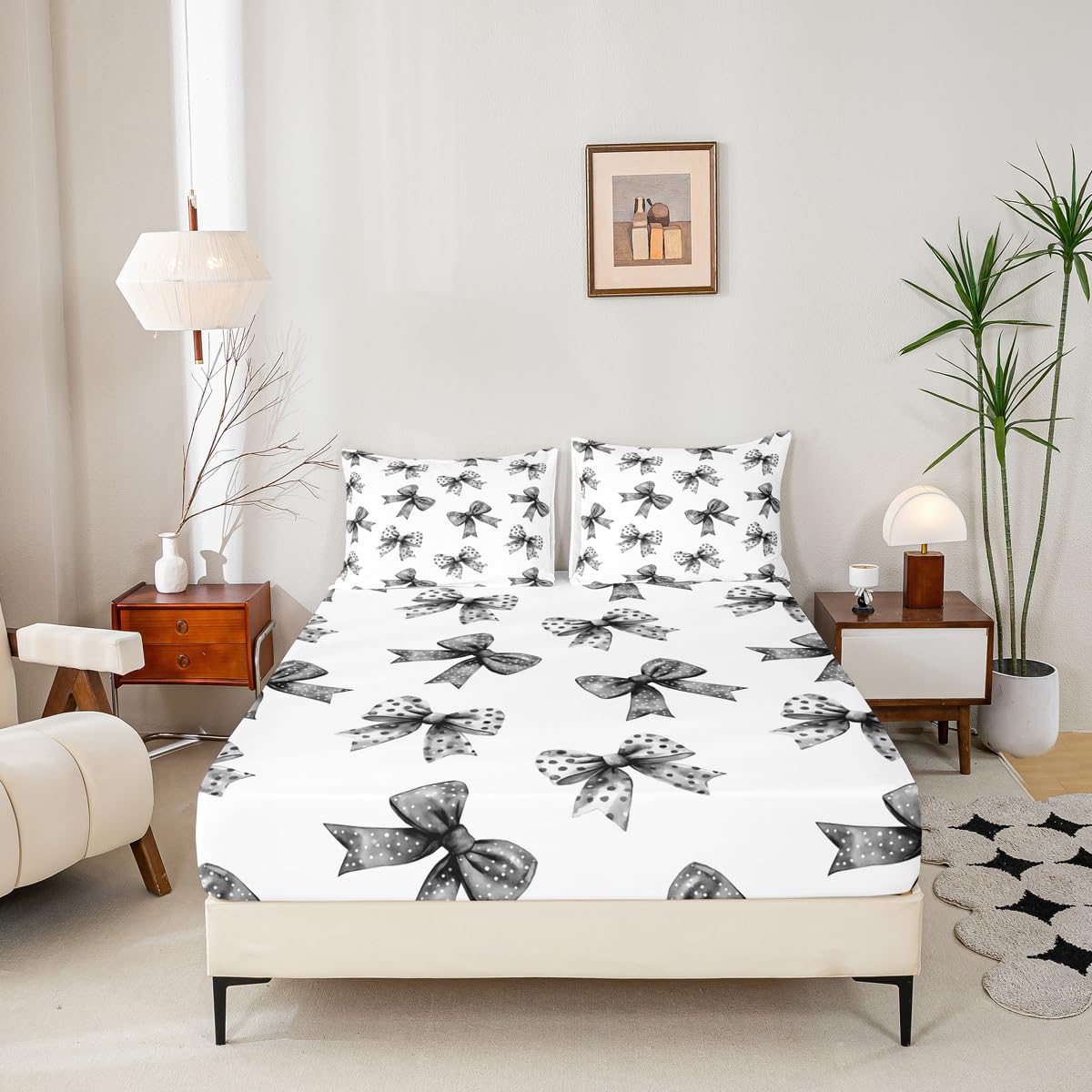 Erosebridal Bow Sheets for Boys Girls Ribbon Black Bow Fitted Sheet,Coquette Bowknot with Dots Kids Bedding Sets Dreamy Princess Bowtie Bed Sets Queen 3 Piece