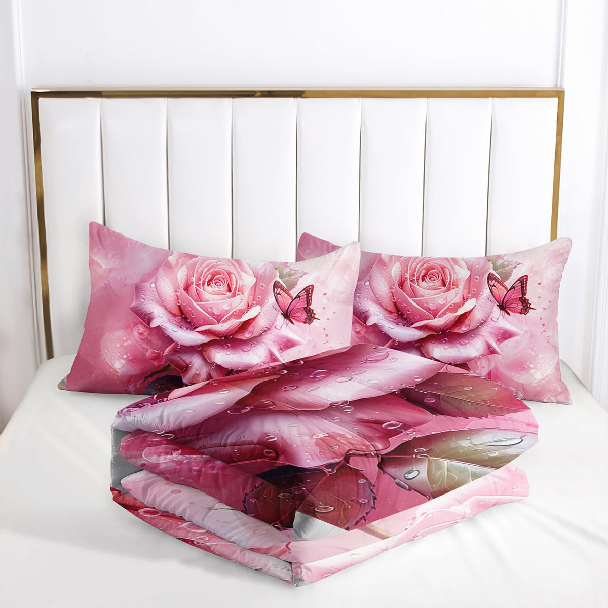 AILONEN Pink Rose Comforter Set Queen Size,Rose Flower Butterfly Bedding Set for Girls Women,Modern Romantic Floral Printed Art Pink Comforter with 2 Pillowcases,3 Piece Soft Microfiber