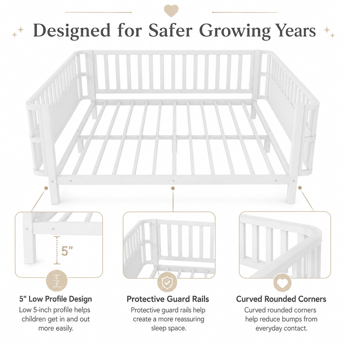 OYUMOENTS Full Size Bed Frame Kids, Metal Low Profile Montessori Bed Full with Removable Side Rails & Rounded Corner Design, Kids Daybed for Boys Girls, No Box Spring Needed, Easy Assemble, White