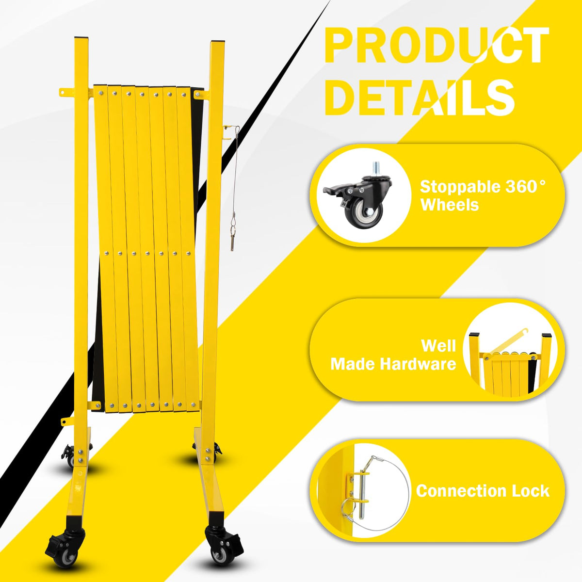 Bstyjqxh 11FT Traffic Barricade with Casters, Metal Expandable Barricade, Folding Security Gate, Retractable Fence Outdoor Barricade Fence for Construction Area, Traffic Control, Yellow