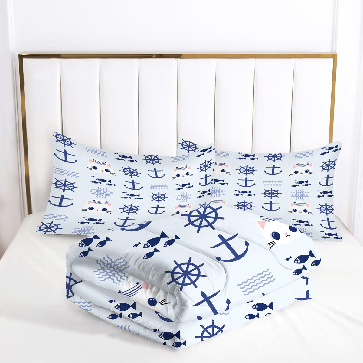 EDGZKO Nautical Cat Comforter Set Full Size Navy Anchor Sailor Cats Bedding Sets Cartoon Blue Marine Theme Bed Set for Teen Girls Boys Kids, 1 Comforter & 2 Pillowcases
