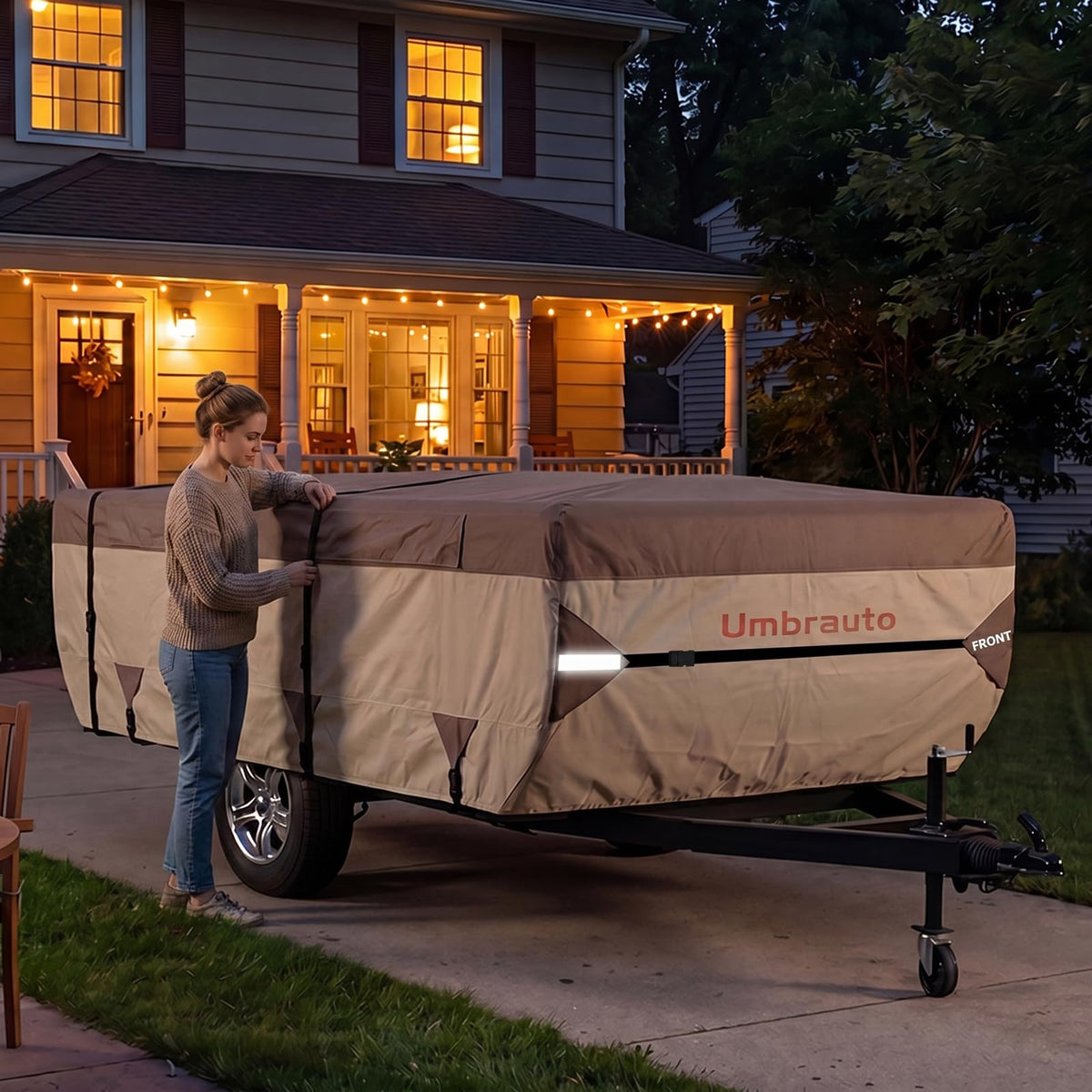 Umbrauto Pop Up Camper Cover for 12'-14' Folding Tent Trailer – 9-Layer Top, 3-Layer Side, Waterproof, Windproof, Sun-Resistant, Heavy-Duty Cover for All-Weather Protection