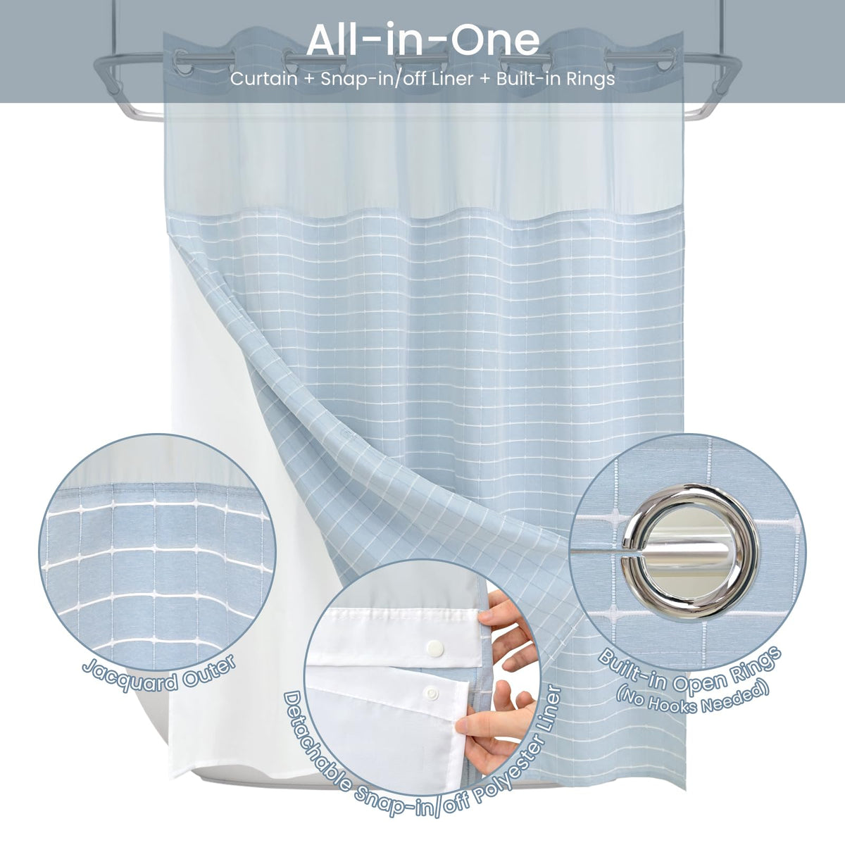 DRIFTED ROOT No Hook Shower Curtain Set with Snap-in Detachable Liner and Mesh Top Window, Grid Jacquard Fabric, Water-Repellent, 4 Hem Magnets, Side Suction Cups, Blue, 72 x 86 Inch