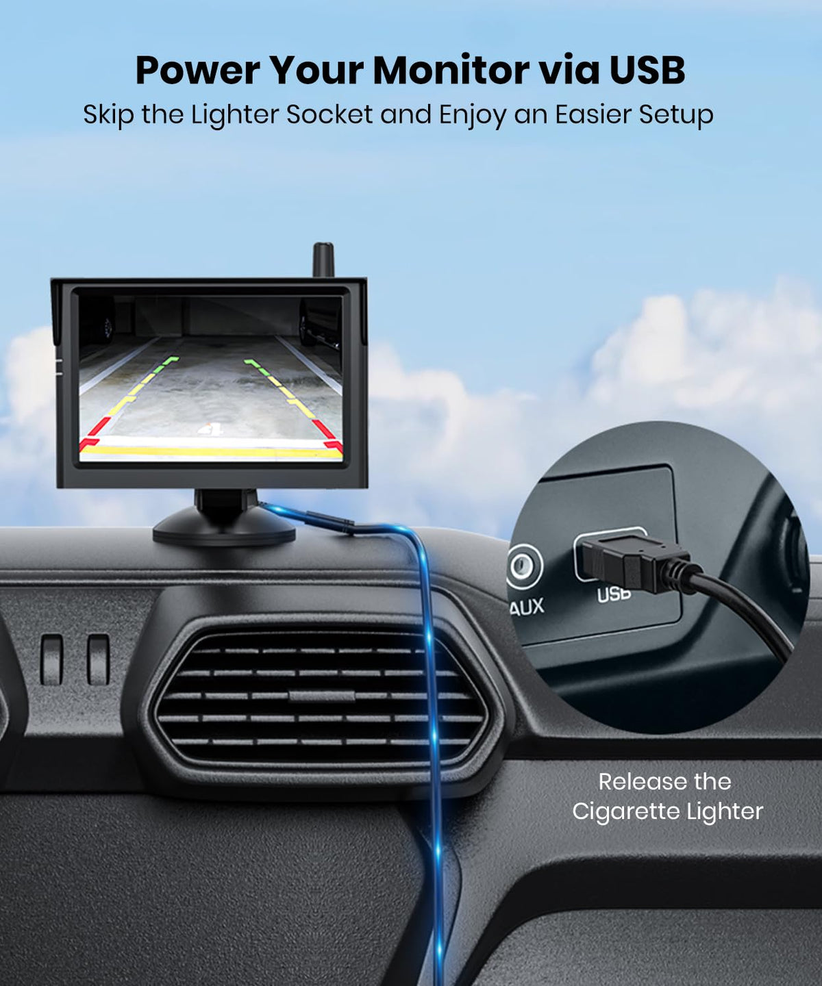 AUTO·VOX 5" Solar Wireless Backup Camera with USB Touch Power Cable, 1080P HD Monitor, No Cigarette Lighter Needed, Portable Power, 5000mAh Battery, IP69K Waterproof for Car Truck SUV