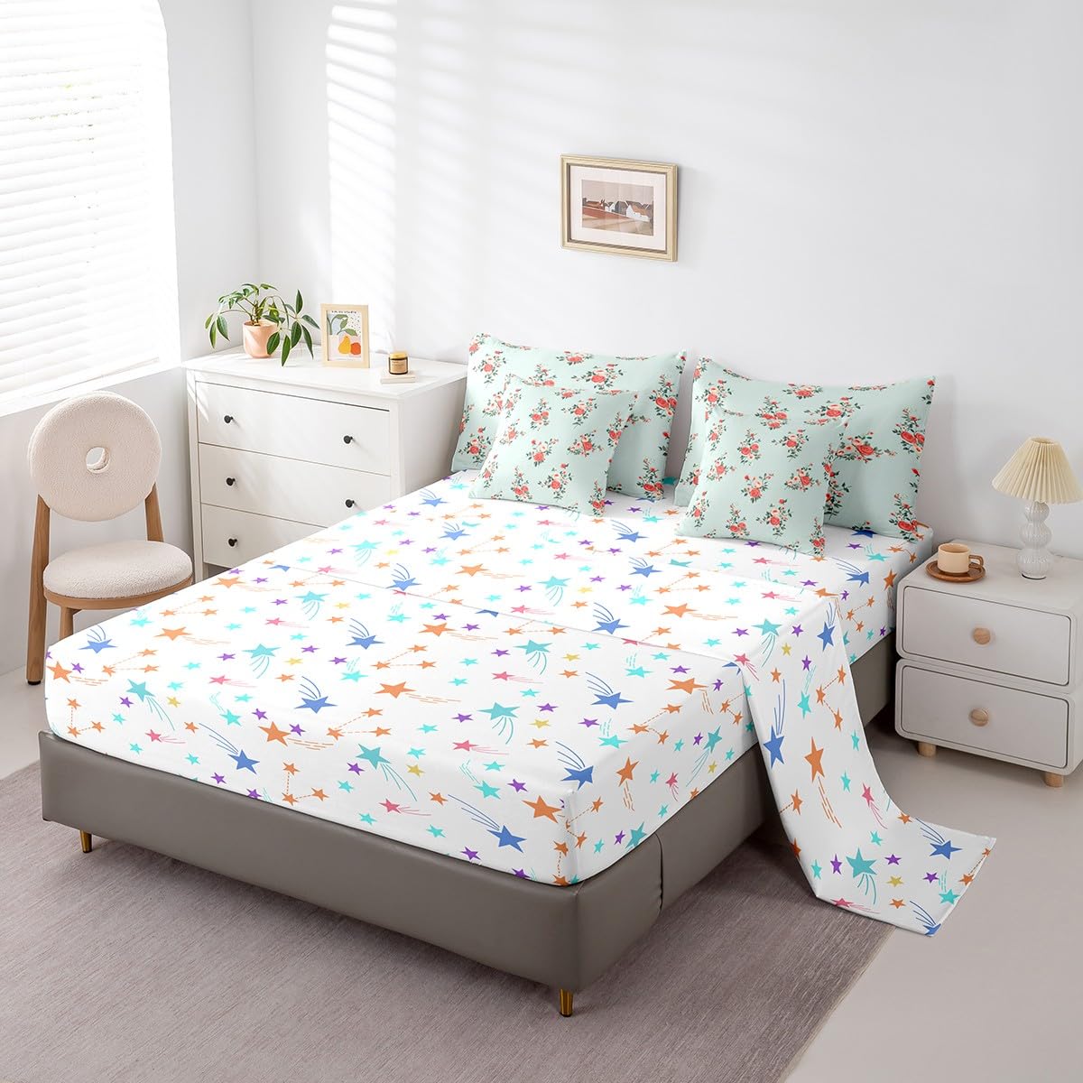 jejeloiu Kids Cute Rose Comforter Set 7 Pieces Full Size Flower Floral Bedding Set for Boys Girls Nature Spring Bed Set Bed in a Bag with Comforter, Sheets, Pillowcases & Cushion Covers