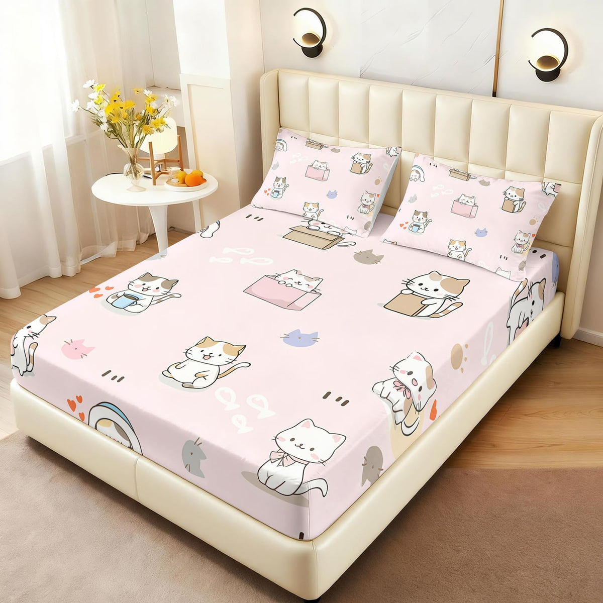 AILONEN Sticker Cat Twin Fitted Sheet Set, 3 Piece Microfiber Bedding Pack with 2 Pillowcases, 16 Inch Deep Pocket, Cute Animal Room Style