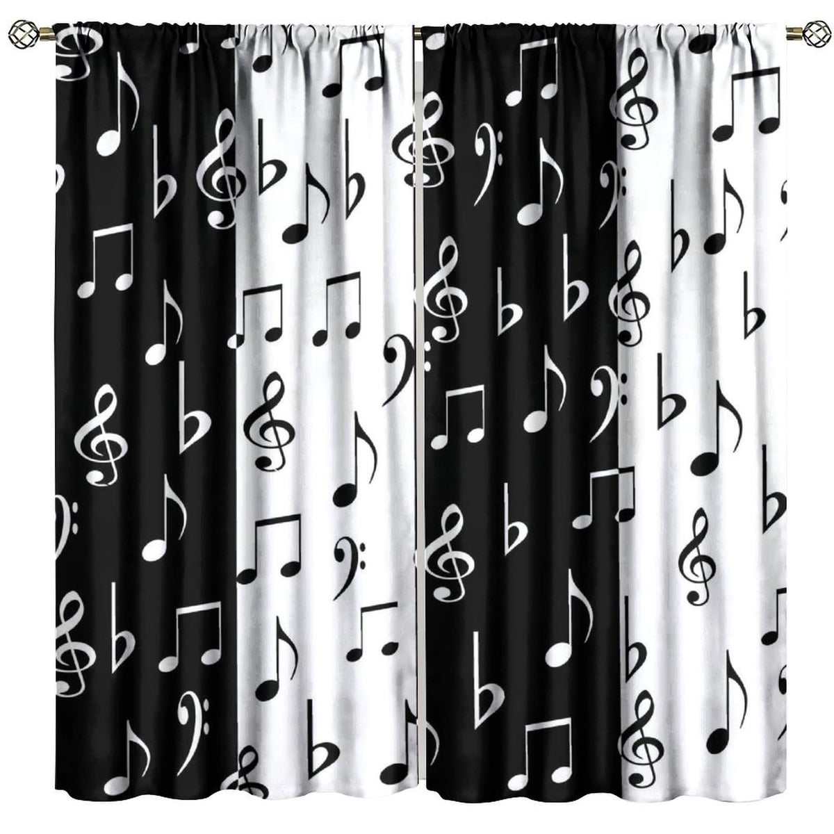 HZOHNAGO Music Curtain Black and White Music Notes Pattern Blackout Print Rod Pocket Window Drapes for Bedroom Living Room 42x45in