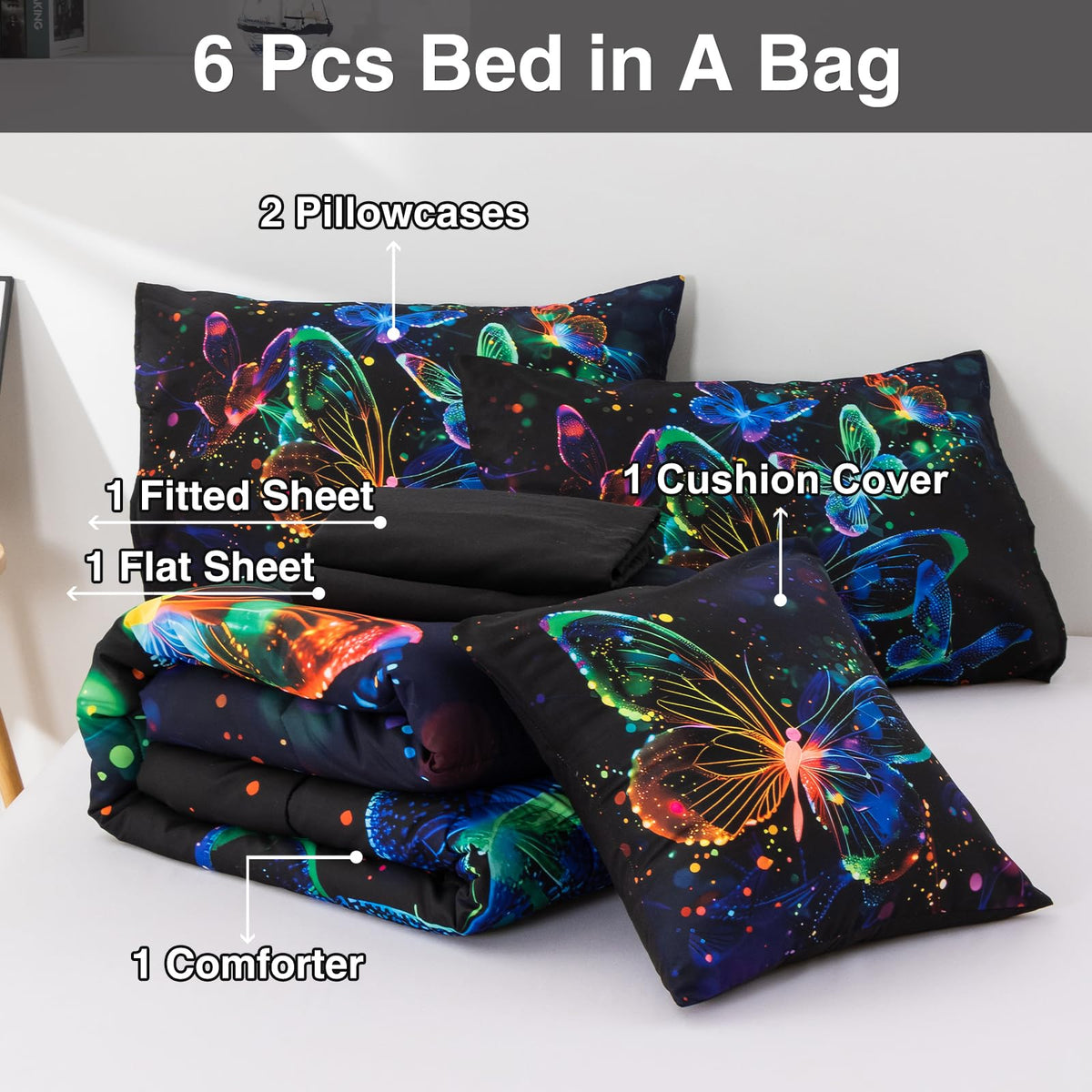 A Nice Night Galaxy Bedding Sets,3D Butterfly Flying in Space Printed,Like Glitter Butterflies 6pcs Bed in a Bag Twin Comforter Set, for Girls Boys Kids Teens