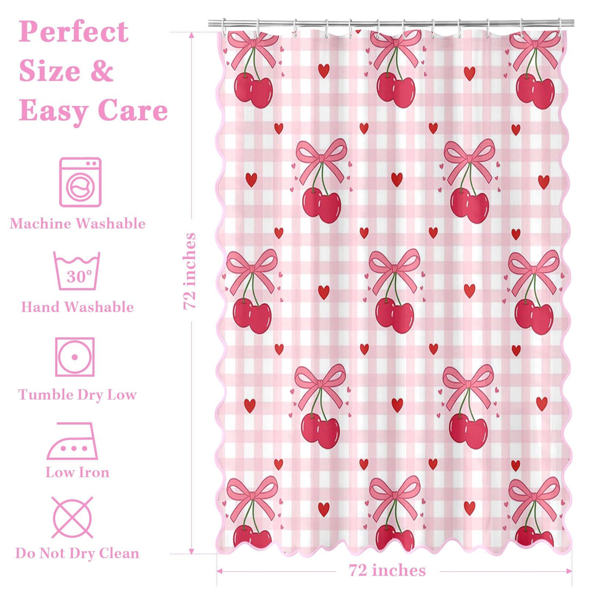 Cosovia Bow Shower Curtain with Scalloped, Pink Cherry Checkered Washable Waterproof Shower Curtains for Bathroom Decor with 12 Hooks, 72x72 Inch