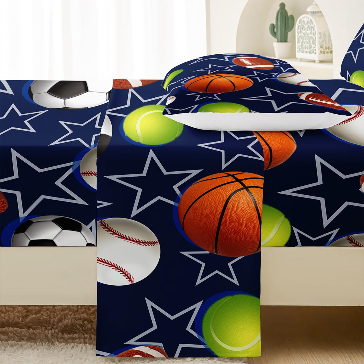 QOOMO Ball Print Kids Sheet Set Full Size,Soccer Basketball Bedding Set Lightweight for All Seasons,Blue Sets for Boy Room Decoration,1 Fitted Sheet,1 Flat Sheet,2 Pillow Cases