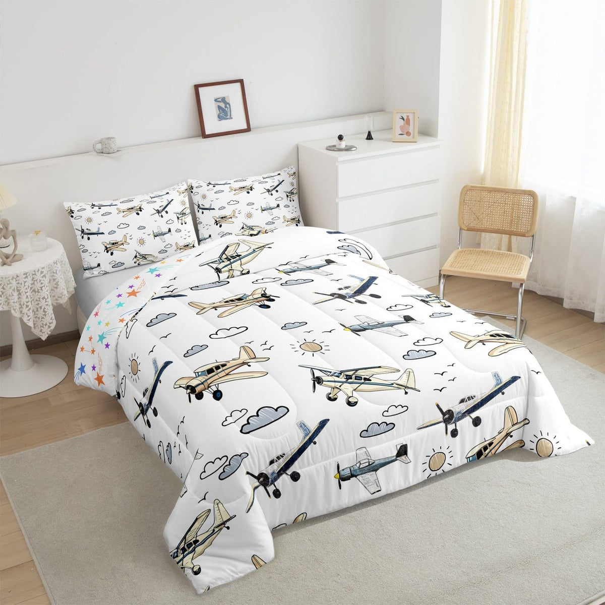 Manfei Kids Airplane Kids Comforter Full,Toddler Cartoon Plane Bedding Set for Teens Youth Children Men,Boys Teens Airplane Reversible Quilt Sets,Aviation Theme Bedding Comforter Set