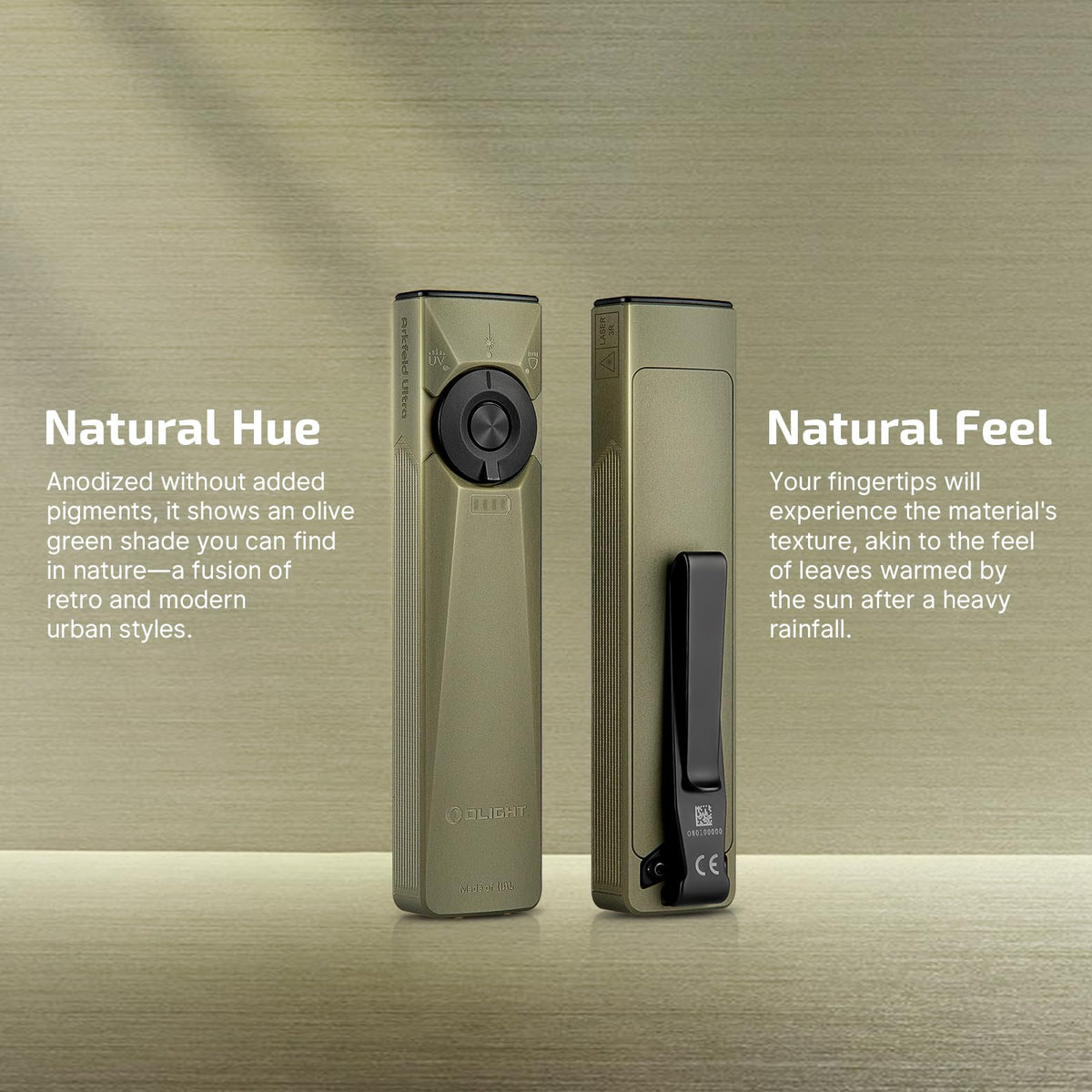 OLIGHT Arkfeld Ultra 1400 Lumens EDC Flat Flashlight, Rechargeable Compact Pocket Flash Light Combines White LED, UV and Green Beam, Triple Sources Perfect for Checking, Working (Olive-Green)