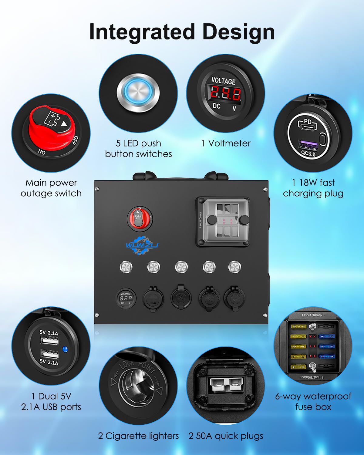 12/24V Control Hub Includes Switches Fuse Box Voltmeter USB Ports Cig Socket, Camping Electrical System Centre for Camper RVs Pickup Trucks 4WD Canopy Caravan, Battery Power Control Box